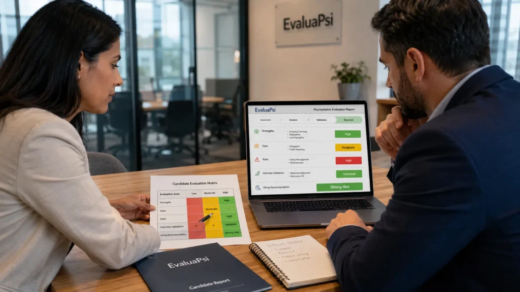 Reunión de selección de personal usando EvaluaPsi para convertir resultados psicométricos en decisiones de contratación
