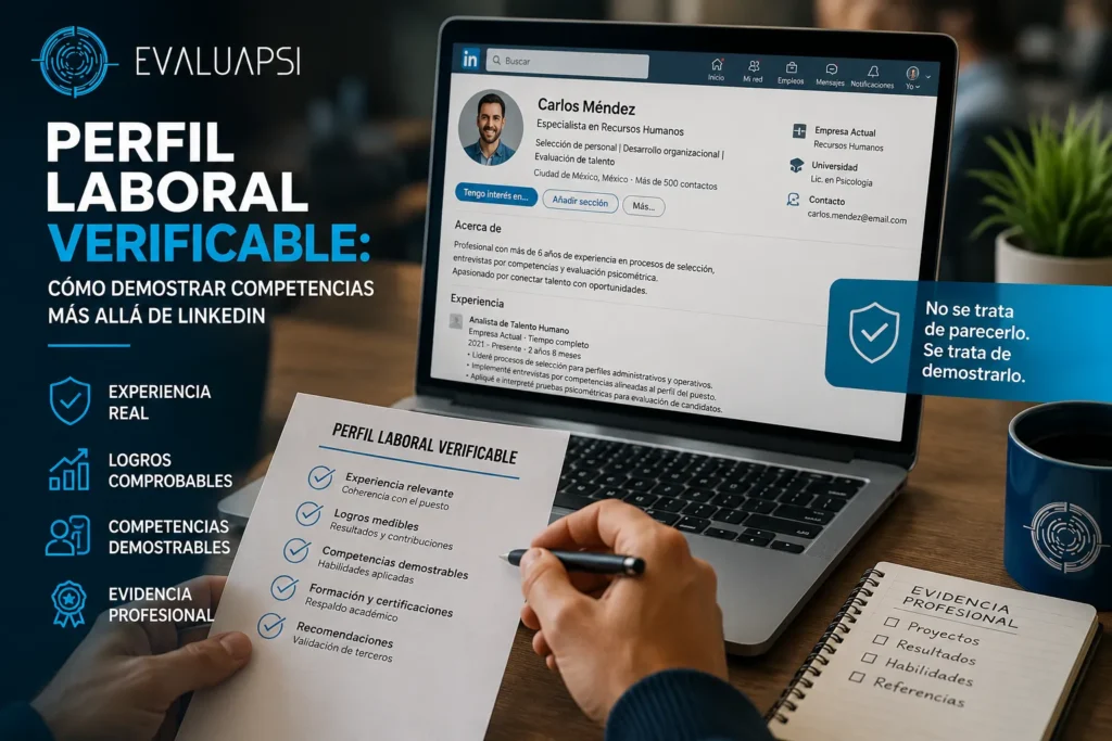 Persona revisando un perfil laboral verificable con experiencia real, logros comprobables y competencias demostrables