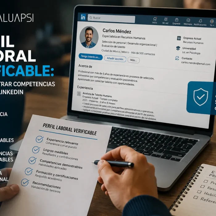 Persona revisando un perfil laboral verificable con experiencia real, logros comprobables y competencias demostrables