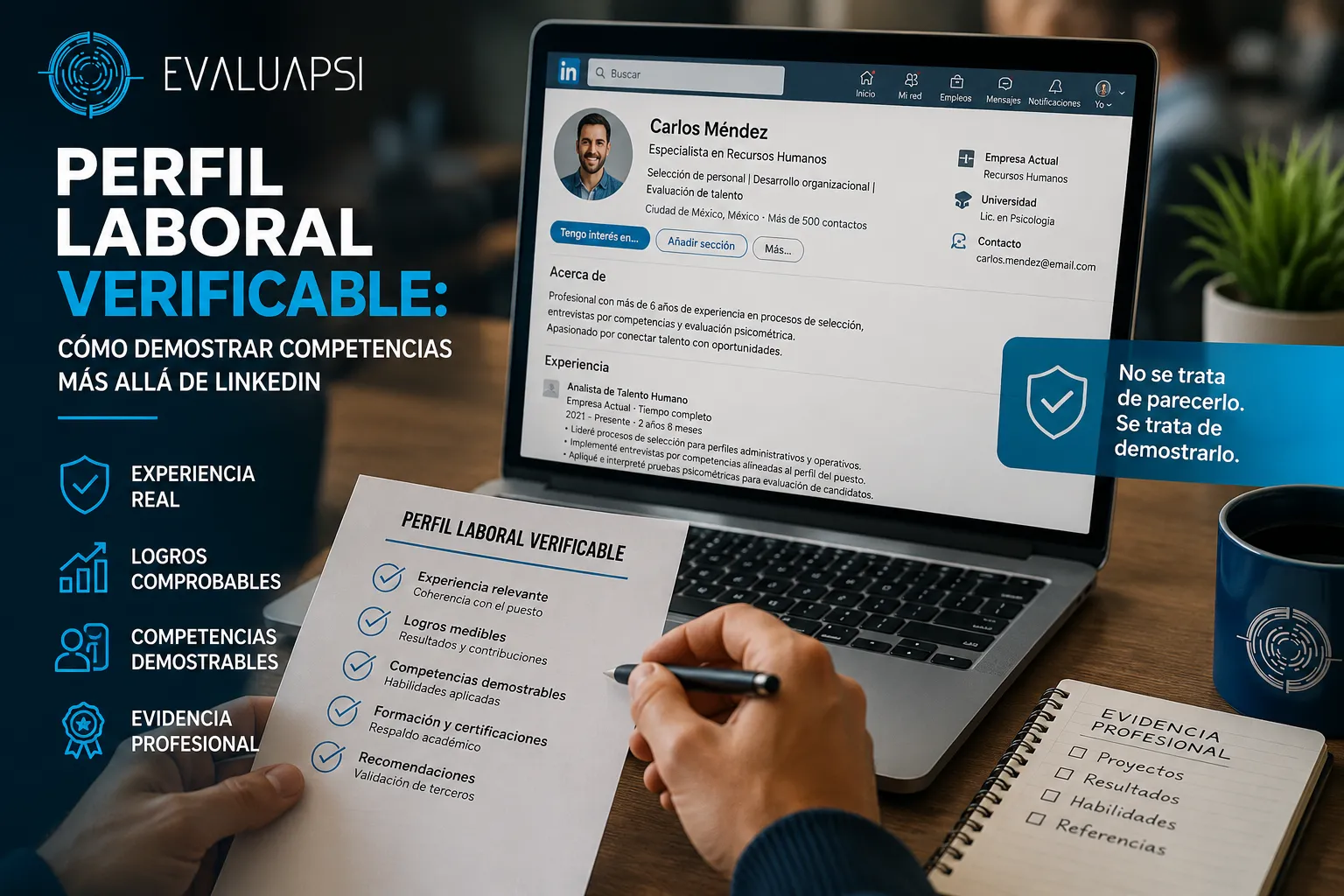 Persona revisando un perfil laboral verificable con experiencia real, logros comprobables y competencias demostrables