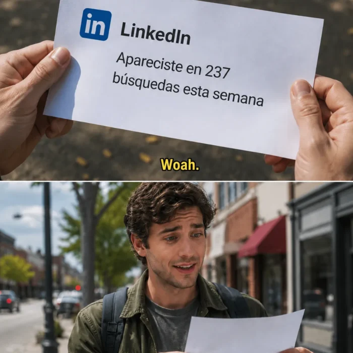 Persona leyendo una notificación de LinkedIn sobre búsquedas laborales y preguntándose dónde está su trabajo