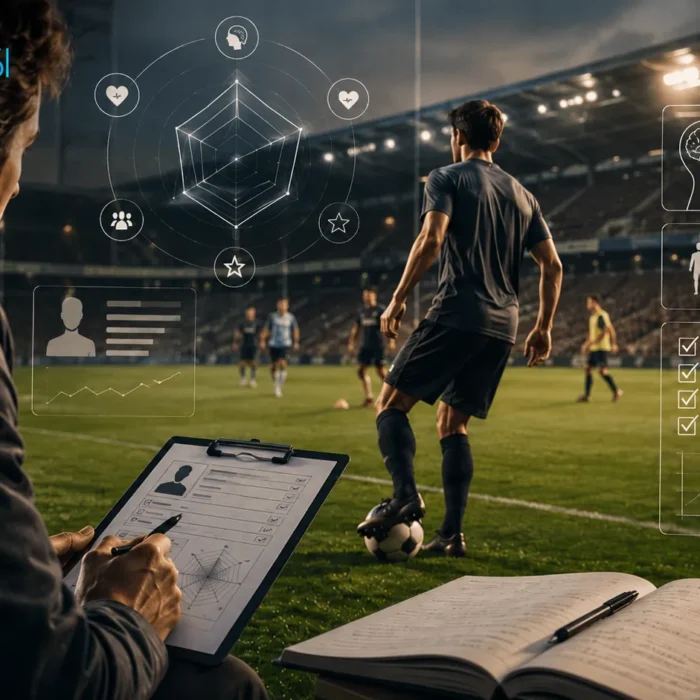 Entrenador analiza a un futbolista con datos de evaluación, como metáfora de pruebas psicométricas en Linea México