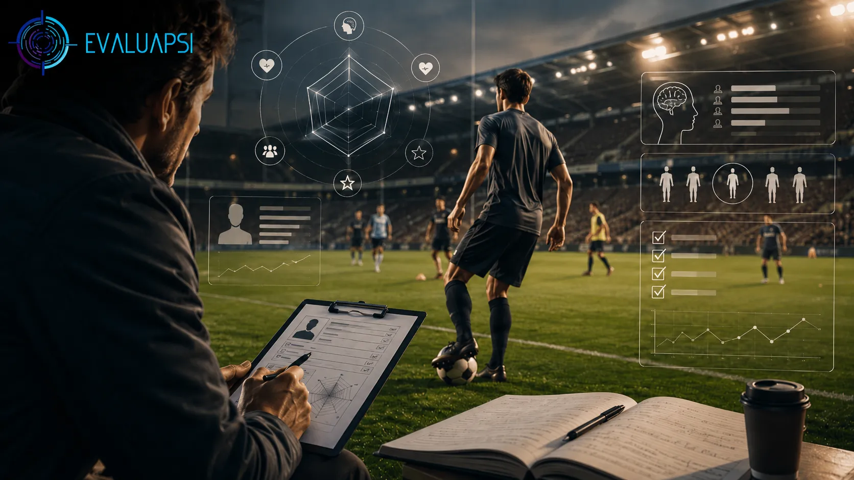 Entrenador analiza a un futbolista con datos de evaluación, como metáfora de pruebas psicométricas en Linea México