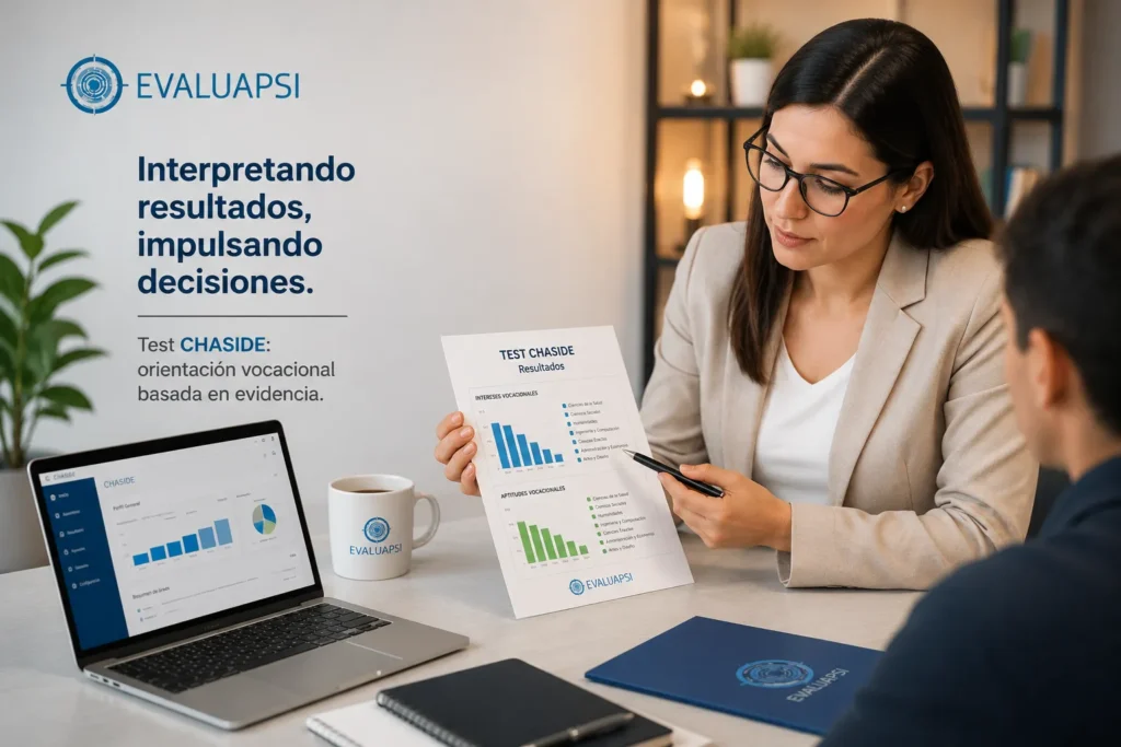 Profesional interpretando resultados del Test CHASIDE durante una consulta de orientación vocacional