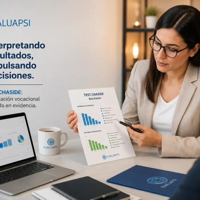 Profesional interpretando resultados del Test CHASIDE durante una consulta de orientación vocacional