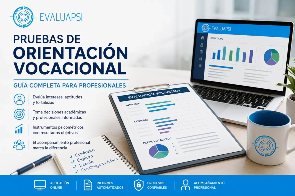 Pruebas de orientación vocacional con evaluación de intereses y aptitudes en entorno profesional digital