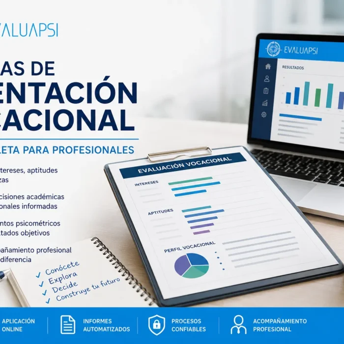 Pruebas de orientación vocacional con evaluación de intereses y aptitudes en entorno profesional digital