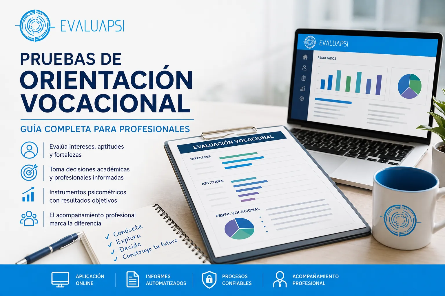 Pruebas de orientación vocacional con evaluación de intereses y aptitudes en entorno profesional digital