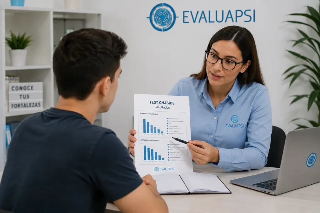 Profesional explicando los resultados del Test CHASIDE a un estudiante en EvaluaPsi
