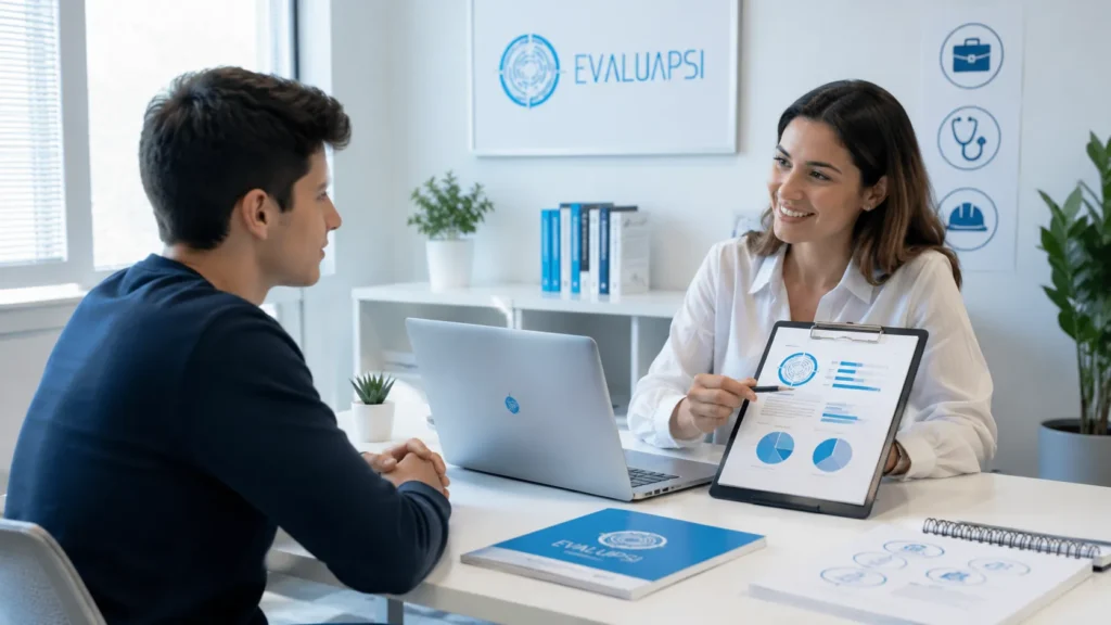 Consulta de orientación vocacional con profesional explicando resultados de evaluación en EvaluaPsi