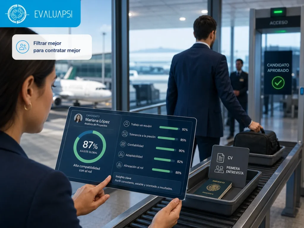 Evaluación de candidato en aeropuerto con pruebas psicométricas laborales online