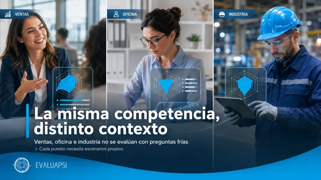 La misma competencia evaluada en contextos de ventas, oficina e industria.